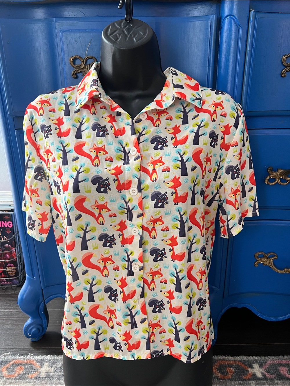 Whimsical print  poly SS button down shirt